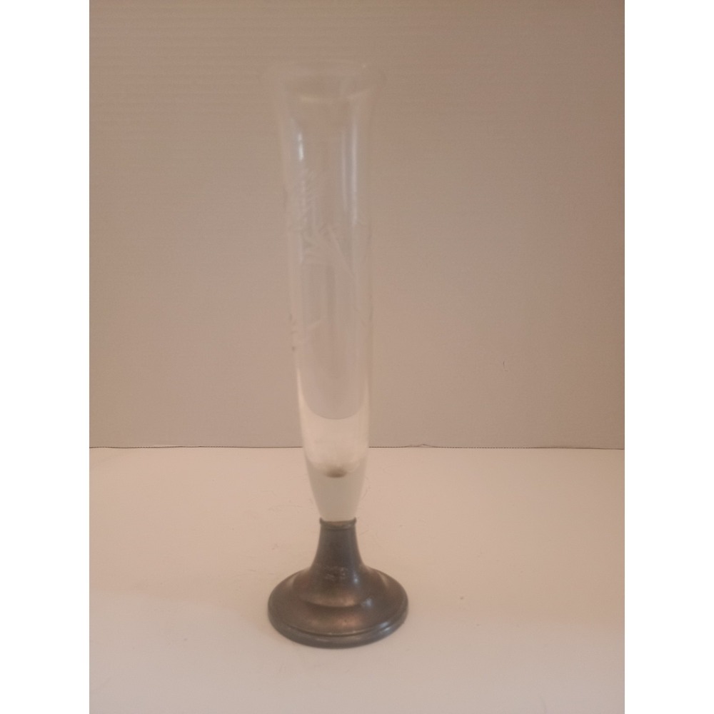 Vintage Etched Glass Bud Vase Duchin Sterling Silver Weighted Base Base 8.5"